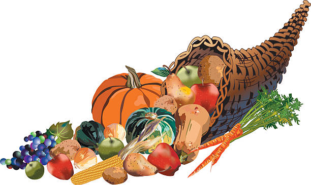 ilustrações, clipart, desenhos animados e ícones de uma cornucópia da abundância da colheita de outono de vime com recheio de frutas e legumes - basket apple wicker fruit