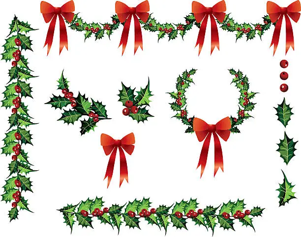 Vector illustration of Multiple Holly Design Elements Clipart with Red Bows Vector Illustrations