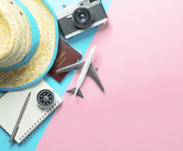 istock Summer Travel accessories on blue pink background copy space 1144202445