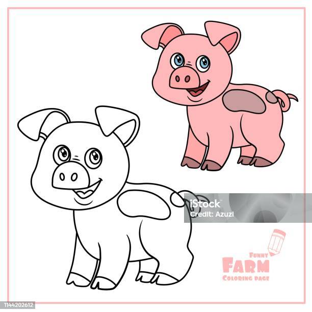 Cute Cartoon Pig Color And Outlined On A White Background For Coloring Page Stock Illustration - Download Image Now