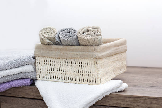istock Stack of bath towels on background closeup 1144202817