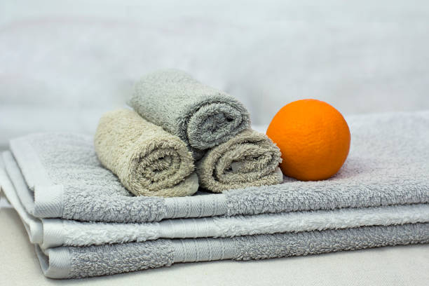 istock Stack of bath towels on background closeup 1144202856