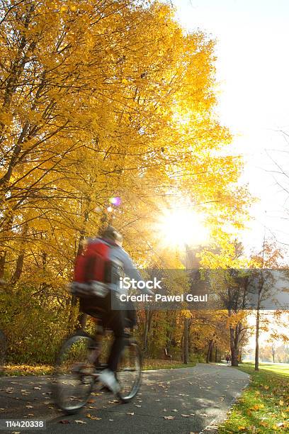 Bicicleta De Equitação Mulher Borrada Em Movimento - Fotografias de stock e mais imagens de Outono - Outono, Andar de Bicicleta de Montanha, Bicicleta