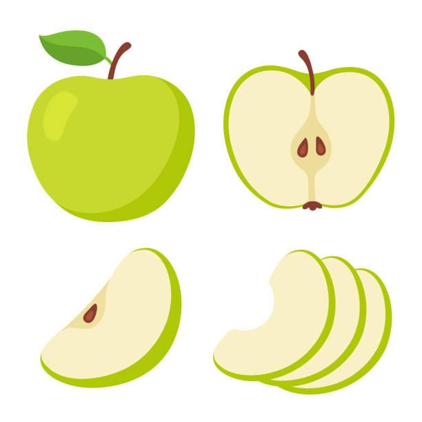 Green apple cartoon set Green apple cartoon set. Cross section of cut apple, slices and whole fruit, isolated vector illustration. green apple slices stock illustrations