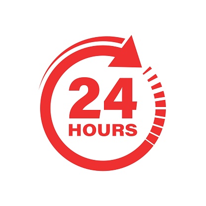 24 hours clock sign icon in flat style. Twenty four hour open vector illustration on white isolated background. Timetable business concept.