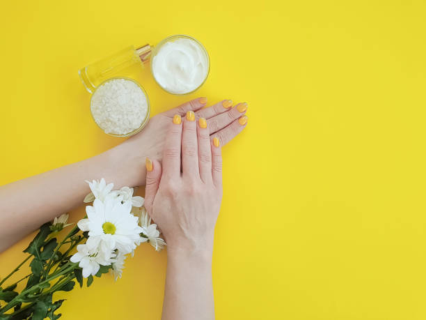 istock female hands manicure, chrysanthemum flower on a colored background 1144205510