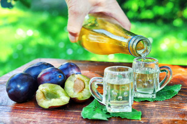 un noto rakia slivovitz di brandy in bicchieri da tiro con prugne su tavolo di legno in frutteto.  bevanda alcolica tradizionale di marca serba di produzione biologica. mano umana che versa un noto rakia di brandy - location shot foto e immagini stock