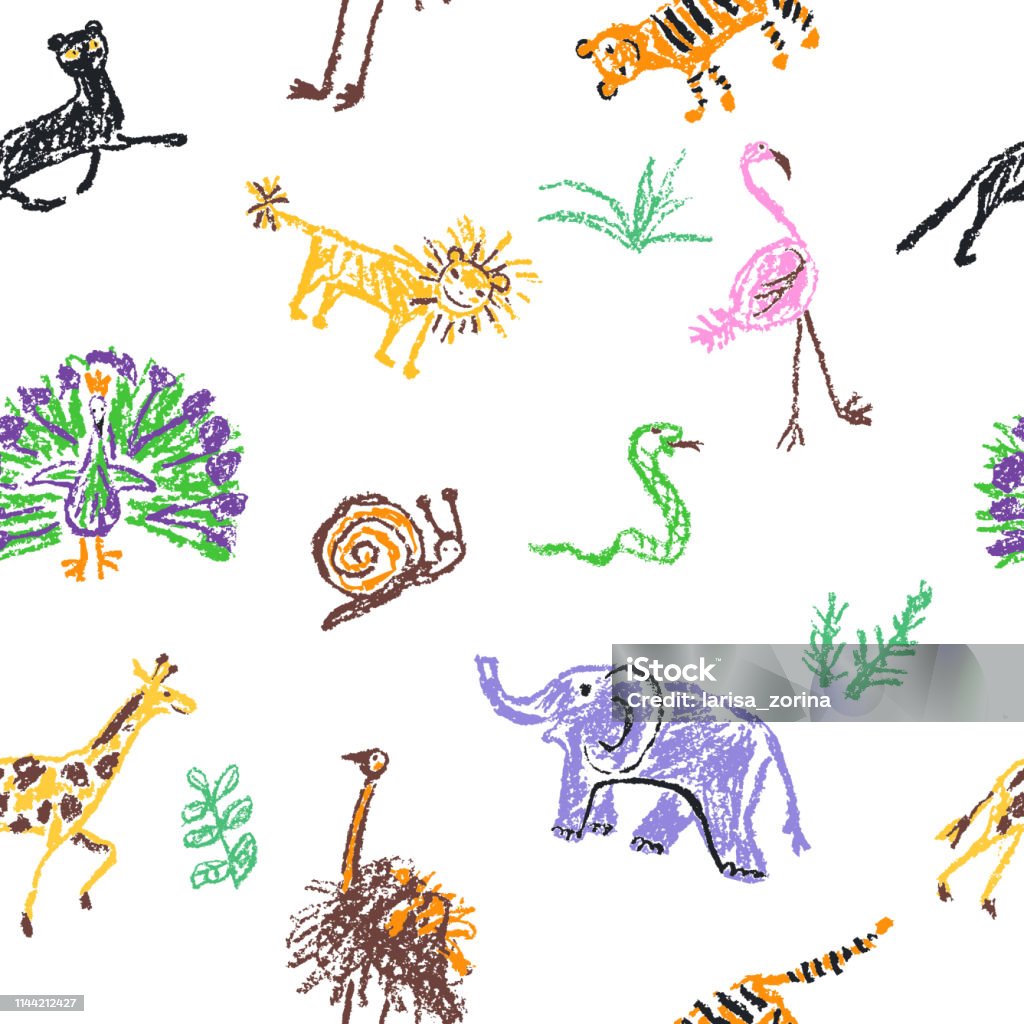 Wild animals seamless pattern. Crayon like kid`s hand drawn giraffe, elephant, lion, panther, isolated on white. Child`s drawn stroke colorful pastel chalk or pencil vector art. Doodle funny style Crayon stock vector