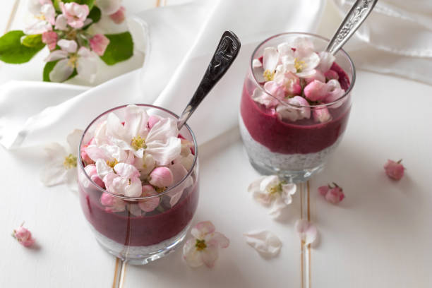 istock Layered chia pudding with yogurt, blueberries and apple blossoms 1144213548