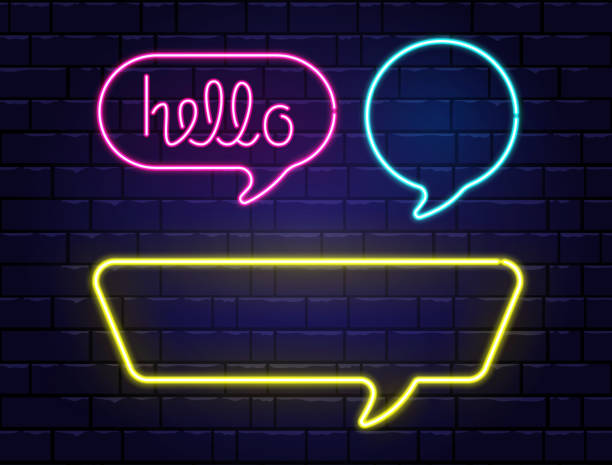 Neon speech bubbles set with space for text. Hello neon lettering. Realistic color neon banners isolated on brick wall background. Glowing night signboard. Light electric borders. Vector illustration Neon speech bubbles set with space for text. Hello neon lettering. Realistic color neon banners isolated on brick wall background. Glowing night signboard. Light electric borders. Vector illustration. hello stock illustrations