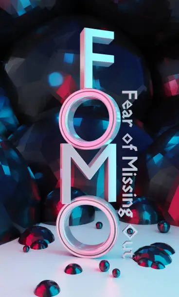 Photo of Fomo word as 3D text or logo concept placed with black octagon wall in the background.