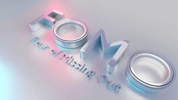 Photo of Fomo word as 3D text or logo concept placed on a white polished surface