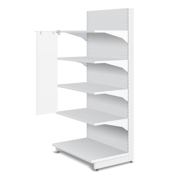 istock White Blank Empty Shelf Stopper Banner Showcase Displays With Retail Shelves Products 3D On White Background Isolated. Ready For Your Design. Product Packing. Vector EPS10 1144221943