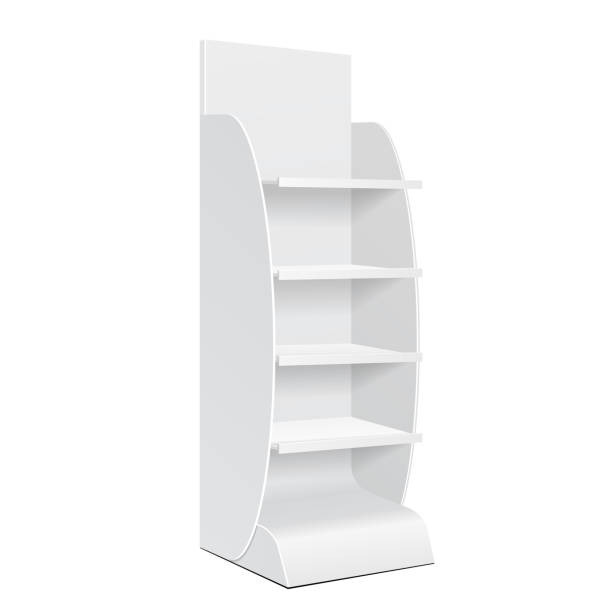 istock White POS POI Cardboard Floor Display Rack For Supermarket Blank Empty Displays With Shelves Products On White Background Isolated. Ready For Your Design. Product Packing. Vector EPS10 1144222060
