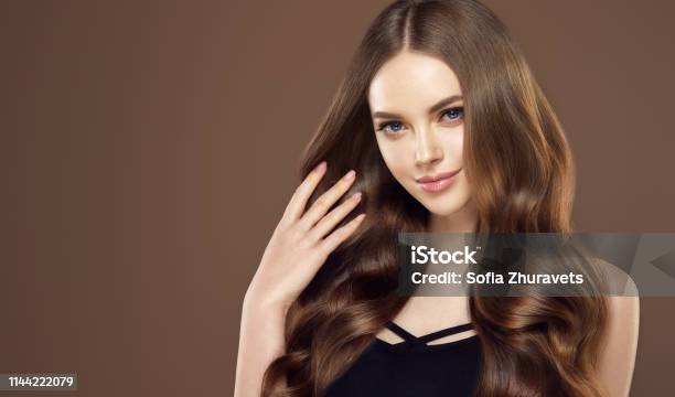 Young Brown Haired Beautiful Model With Long Curly Well Groomed Hair  Excellent Hair Waves Hairdressing Art And Hair Care Stock Photo - Download  Image Now - iStock