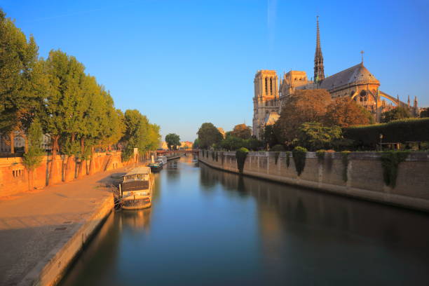 cattedrale di notre dame vista posteriore sulla senna all'alba - parigi, francia - surrounding wall sky river dome foto e immagini stock