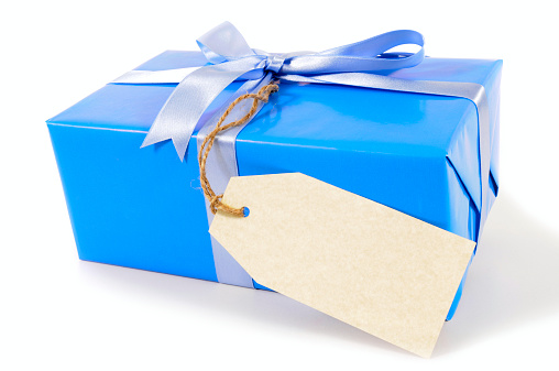 Blue gift with ribbon and label.  Similar gift in red and green shown below: