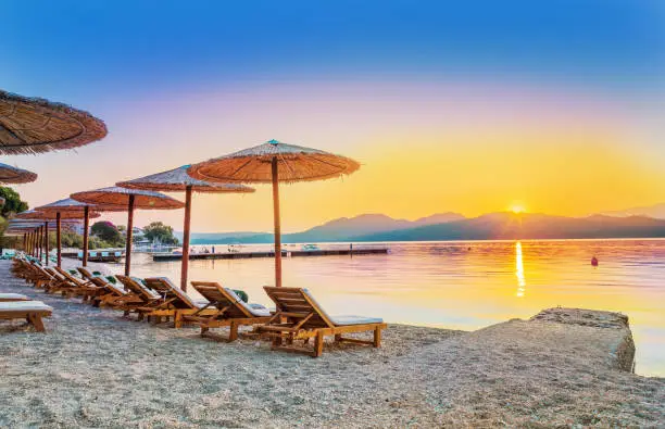 Beautiful sunrise over Nikiana beach in summer holiday, Lefkada island, Greece