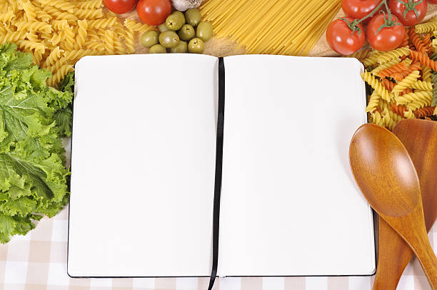 istock Pasta with blank recipe book and chopping board 114422490