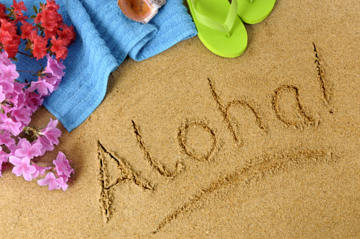 Aloha written in the sand on the beach