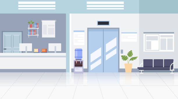 Doctor office hall interior concept. Vector flat graphic design illustration Doctor office hall interior concept. Vector flat graphic design lobby office stock illustrations