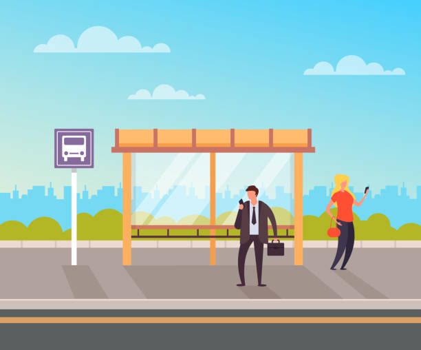 People crowd waiting transport and using smart phone internet. Bus station concept. Vector flat graphic design illustration People crowd waiting transport and using smart phone internet. Bus station concept. Vector flat graphic design well dressed man standing stock illustrations
