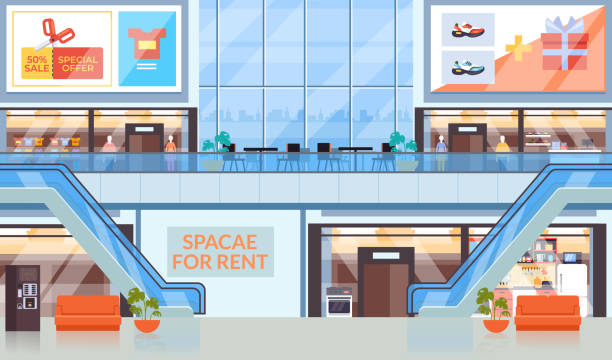 super market shoppingcenter mall concept. vector flache grafik-design-illustration - vehicle interior staircase residential structure indoors stock-grafiken, -clipart, -cartoons und -symbole