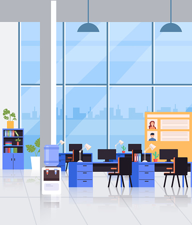 Big empty office interior workplace workspace concept. Vector flat cartoon graphic design