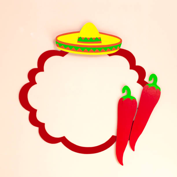 Frame with sombrero and chili for Cinco de Mayo. Cinco de Mayo is federal holiday in Mexico on May 5th. Mexican symbols made of paper. Paper art and craft. Minimal holiday concept. Space for text