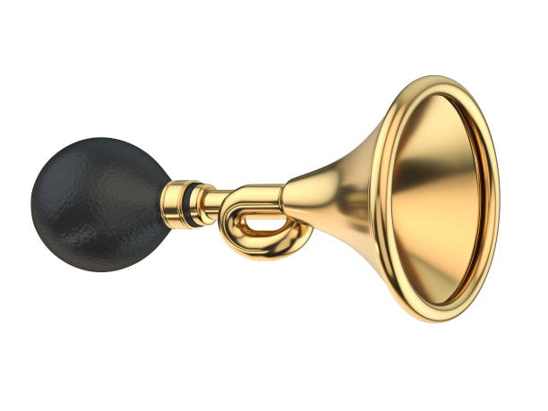 golden curved klaxon 3d - bugle trumpet brass old fashioned imagens e fotografias de stock