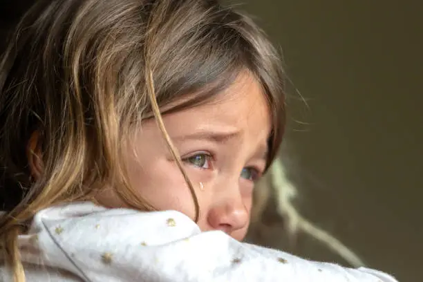 Sad crying caucasian little girl