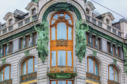 Saint Petersburg, Russia - October 05, 2015: Ornate art deco facade of Zinger (Singer) company historic building or House of Books on Nevsky Prospect built in 1902-1904 by the architect Paul Suzor