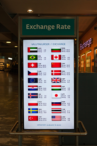 Actual  rate of currency  exchange on digital board in airport.