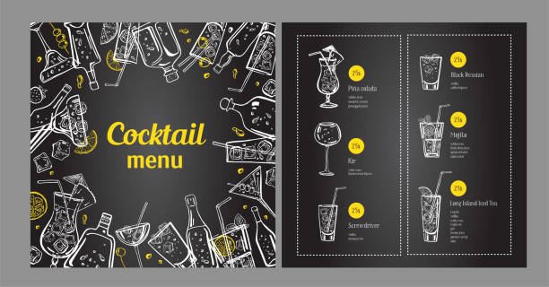 Cocktail menu design template and drink list. Vector outline hand drawn illustration with bottles and glasses Cocktail menu design template and drink list. Vector outline hand drawn illustration with bottles and glasses on blackboard background chalkboard menu template stock illustrations