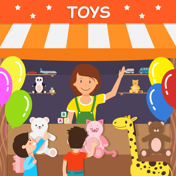 illustrazioni stock, clip art, cartoni animati e icone di tendenza di peluche giocattoli vendita business flat vector illustrazione - child balloon selling sign