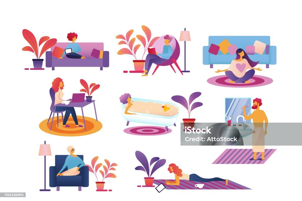 Free Time Home Routine Animation People Every Day Life Routine Spend Time At Home Stock Illustration ...