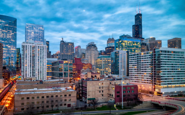 Blue Hour Evening Cityscape in Chicago West Loop, USA. Long exposure, Nightscape architecture. stock photo