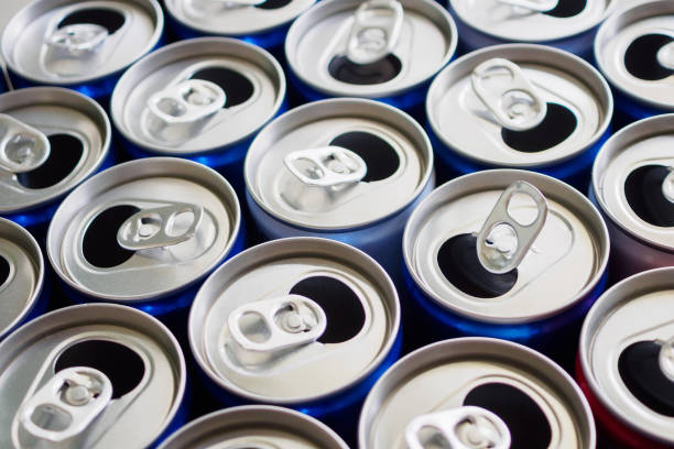 istock Empty aluminium drink cans recycling background concept 1144238691