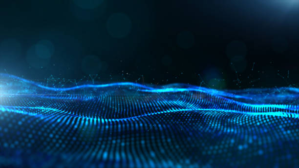 istock Abstract blue color digital particles wave with bokeh and light background 1144238693