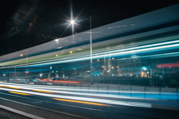 istock Tram light trails at night european capital 1144238757