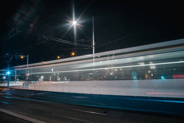 istock Tram light trails at night european capital 1144238785