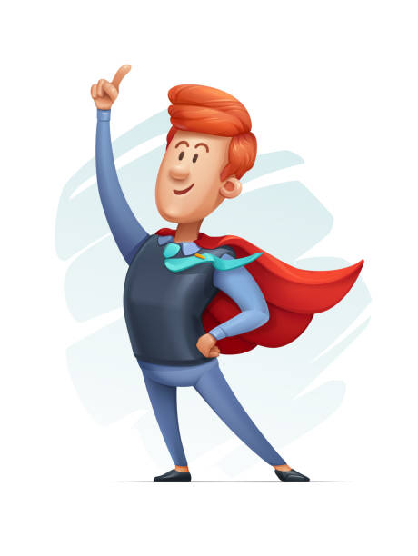 ilustrações de stock, clip art, desenhos animados e ícones de cartoon businessman wearing a superhero cape - manager portrait leadership men