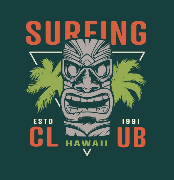 Colorful surfing time label Colorful surfing time label with hawaiian tribal tiki mask in vintage style isolated vector illustration tiki mask stock illustrations