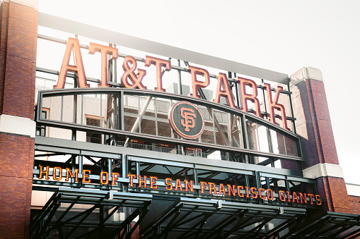 Panorama view of historic AT&T Park baseball park, home of the San Francisco Giants professional baseball franchise, on a beautiful sunny day with blue sky in summer, San Francisco, California, USA