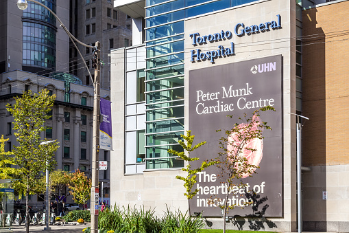 Toronto, Canada - October 22, 2017: Sign of the Peter Munk Cardiac Center at The Toronto General Hospital, PMCC is a world leader in the treatment of patients with cardiac and vascular disease.