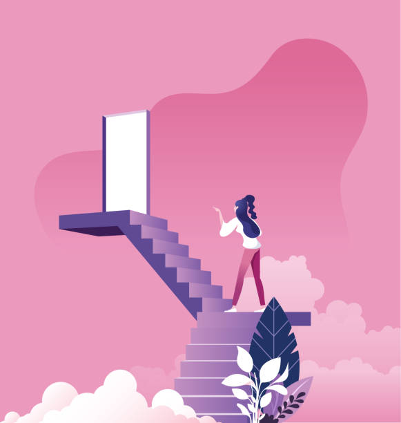 ilustrações de stock, clip art, desenhos animados e ícones de businesswoman walking up staircase to door in sky - open door