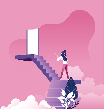 Businesswoman walking up staircase to door in sky