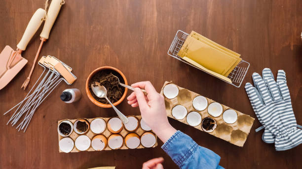 istock Mother and daughter starting seeds in eggshells for Spring planting. 1144246112