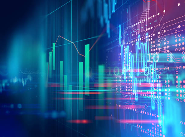 gráfico de inversión del mercado de valores con datos de indicadores y volúmenes. - stock market stock ticker board stock market data finance fotografías e imágenes de stock