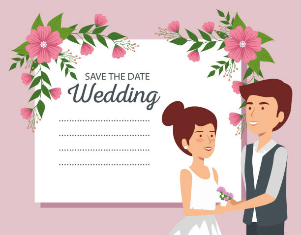 istock wedding card with couple and flowers plants 1144249347